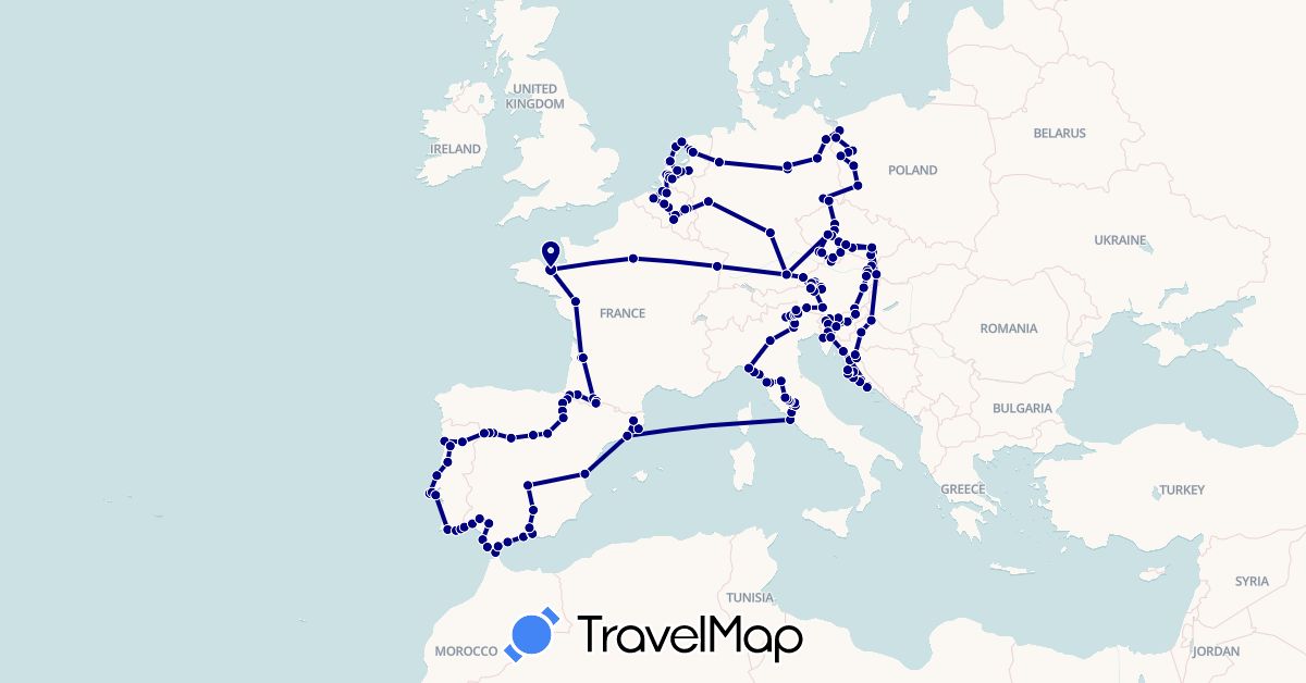 TravelMap itinerary: driving in Austria, Belgium, Czech Republic, Germany, Spain, France, Croatia, Italy, Netherlands, Poland, Portugal, Slovenia (Europe)